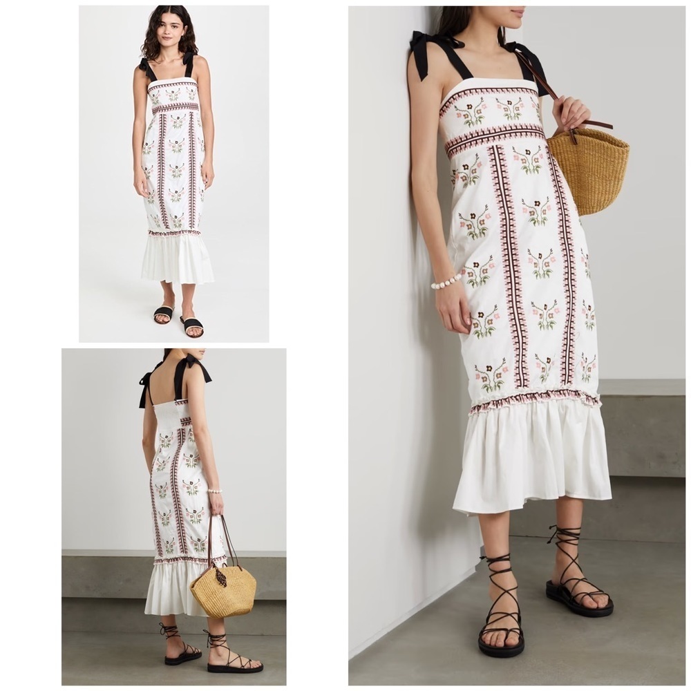 NWT LUG VON SIGA Greta Bow Straps Floral Embroidered Cotton Poplin Midi Dress 8﻿